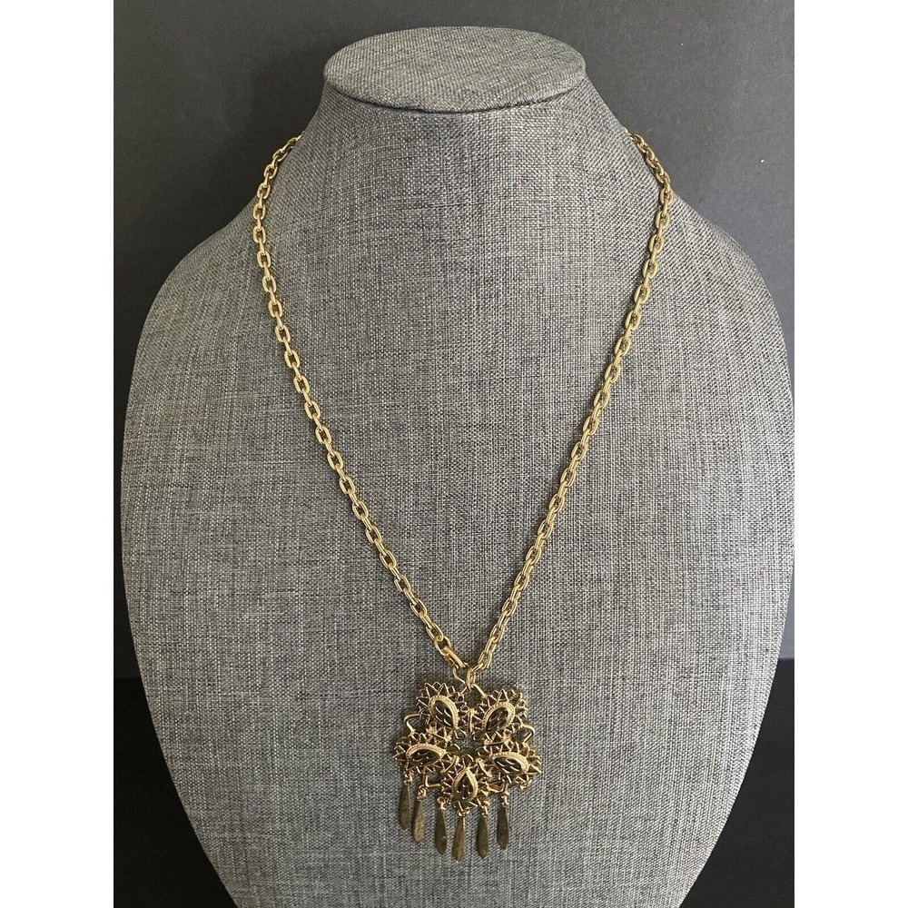 Vintage Mid Century Hollywood Chandelier Pendant Statement Gold Tone Necklace